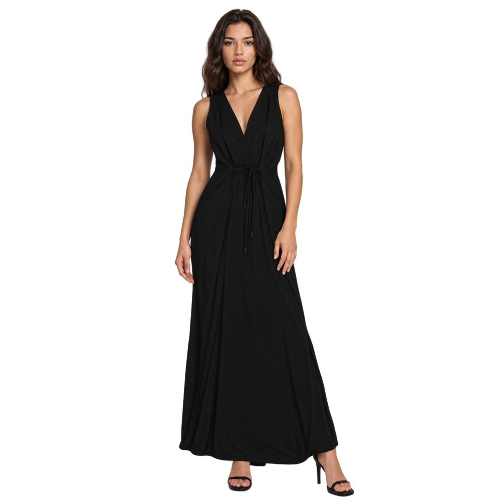 Athleta Maxi Dress Women's Size Medium Black V Neck Drawstring Waist Sleeveless
